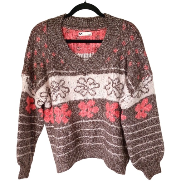 SO Sweaters - SO Goods For Life Womens Brown Pink Floral Marl Knit V-Neck Sweater Large